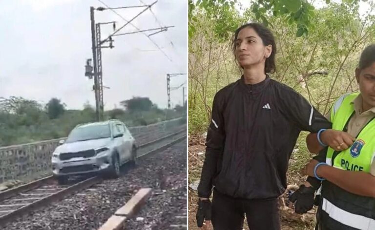 तेलंगाना में युवती ने चलाई कार रेलवे ट्रैक पर, बेंगलुरु-हैदराबाद ट्रेन रोकनी पड़ी, 3 किलोमीटर तक रेलवे ट्रैक पर दौड़ाई कार, ट्रेन सेवाएंबाधित